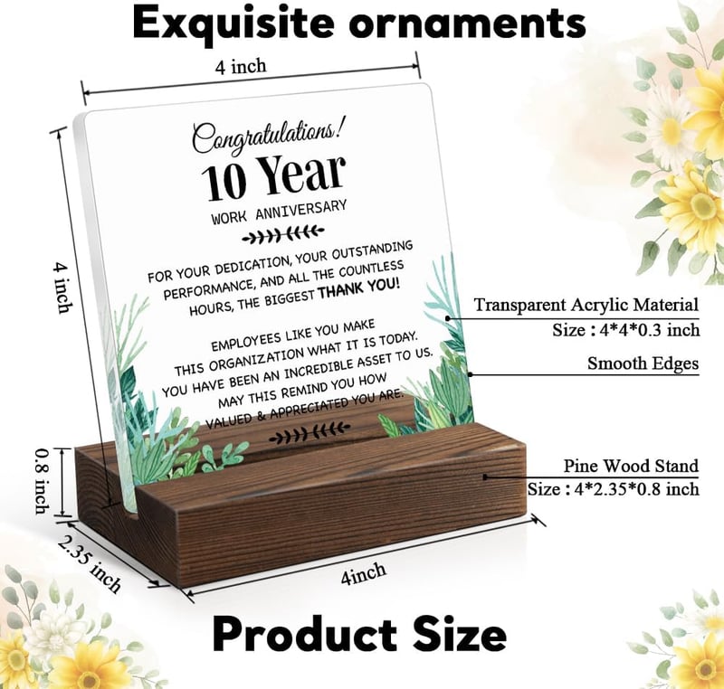 10 Years Work Anniversary Acrylic Plaque with Wooden Stand