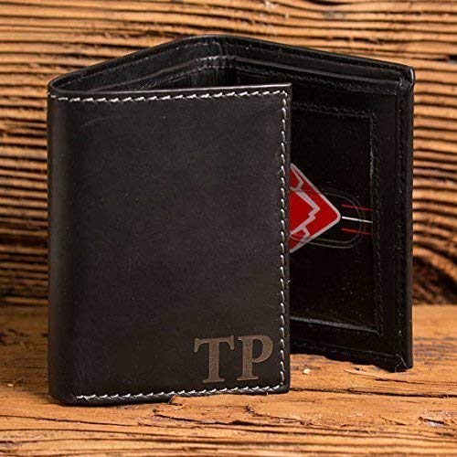 Men's Genuine Leather Tri-Fold Wallet with Monogram - Brown