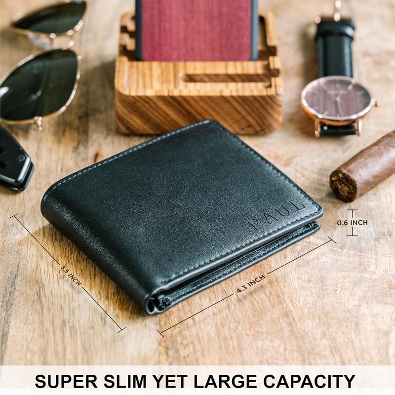 Personalized Men's Leather Wallet with RFID Blocking, Black