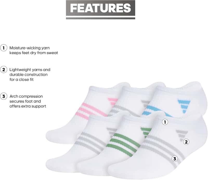 adidas Women's Athletic No Show Socks, Arch Support, 6 Pairs