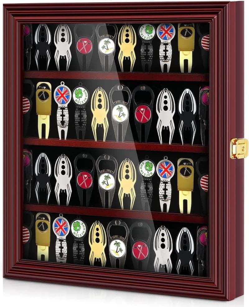 Golf Divot Tool Display Case, Lockable Wooden Cabinet with UV Door