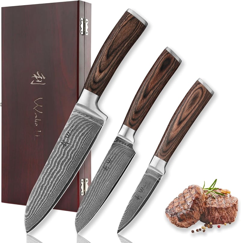 Professional Damascus Chef Knife Set, 3-Piece with Pakkawood Handles