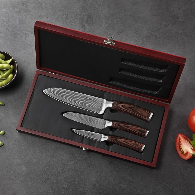 Professional Damascus Chef Knife Set, 3-Piece with Pakkawood Handles