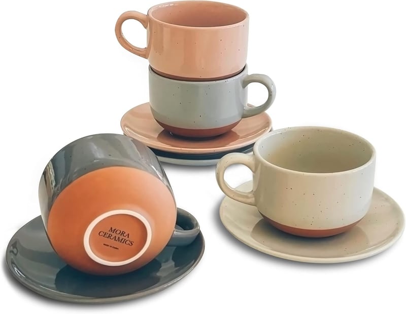 8oz Ceramic Cappuccino Mug Set with Saucers, Microwave Safe