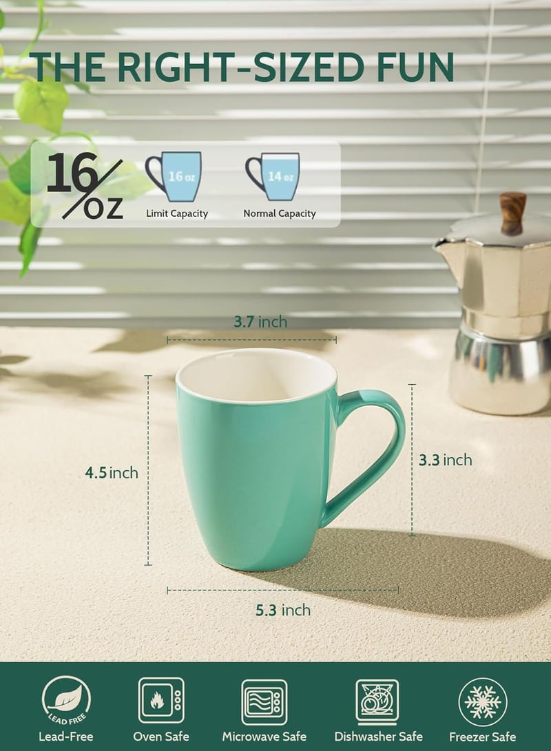 16 oz Porcelain Coffee Mugs Set, Multicolor, Set of 6