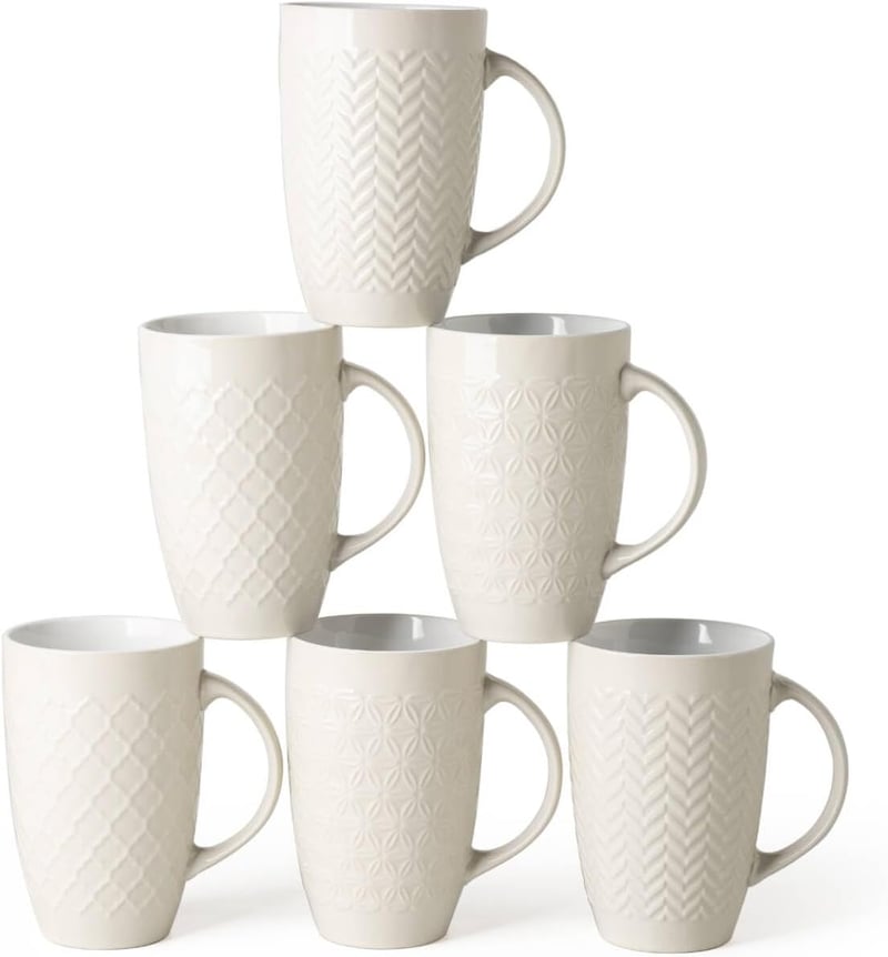 Extra Large Geometric Ceramic Coffee Mugs, 20oz Beige, Set of 6