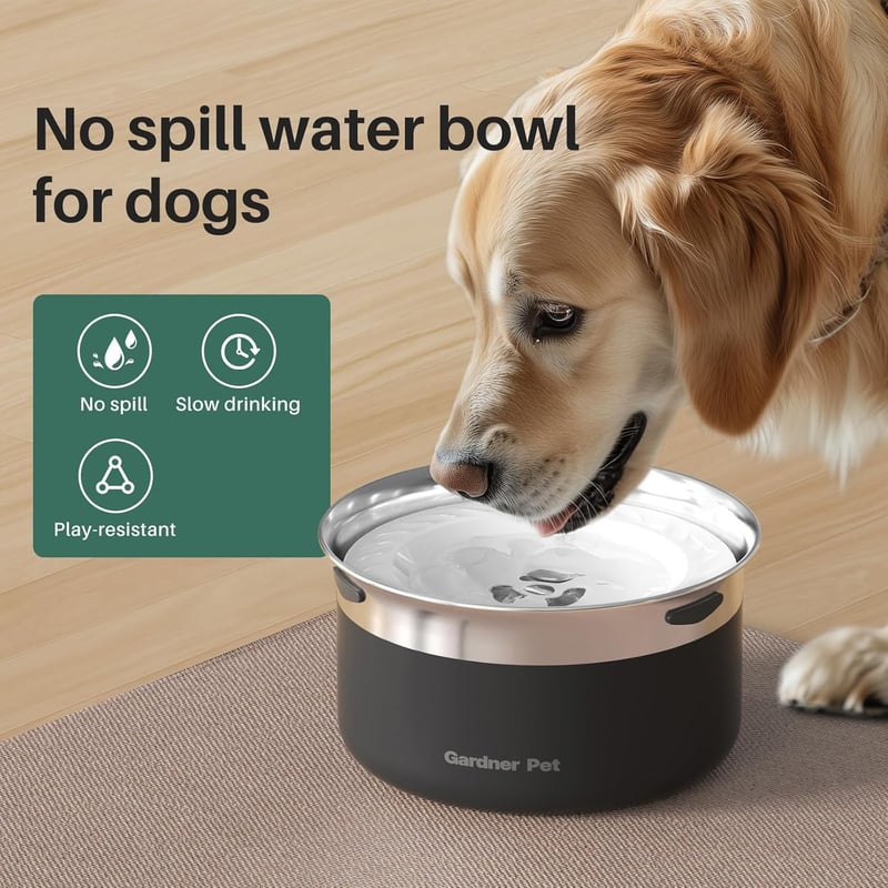 No-Spill 1-Gallon Stainless Steel Dog Water Bowl (Black)