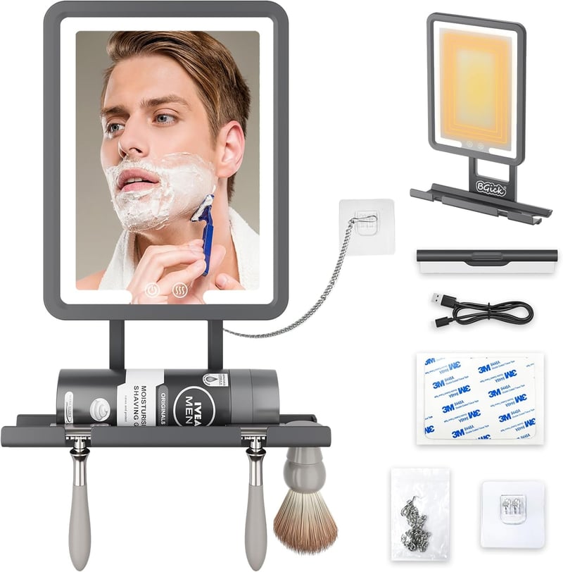 Fogless Rechargeable Shower Mirror with Light & Tray