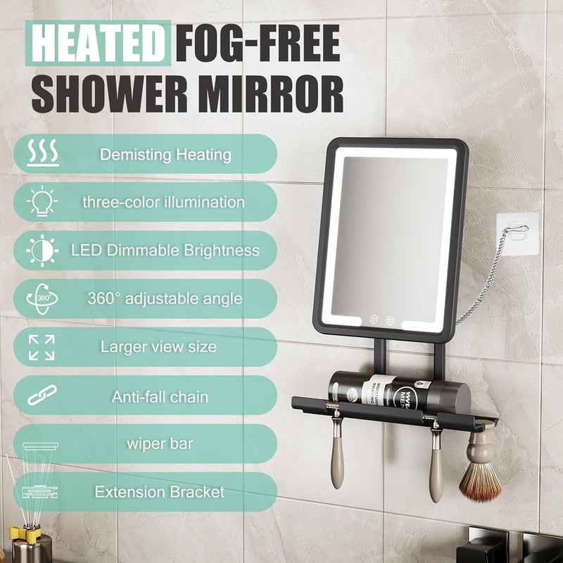 Fogless Rechargeable Shower Mirror with Light & Tray