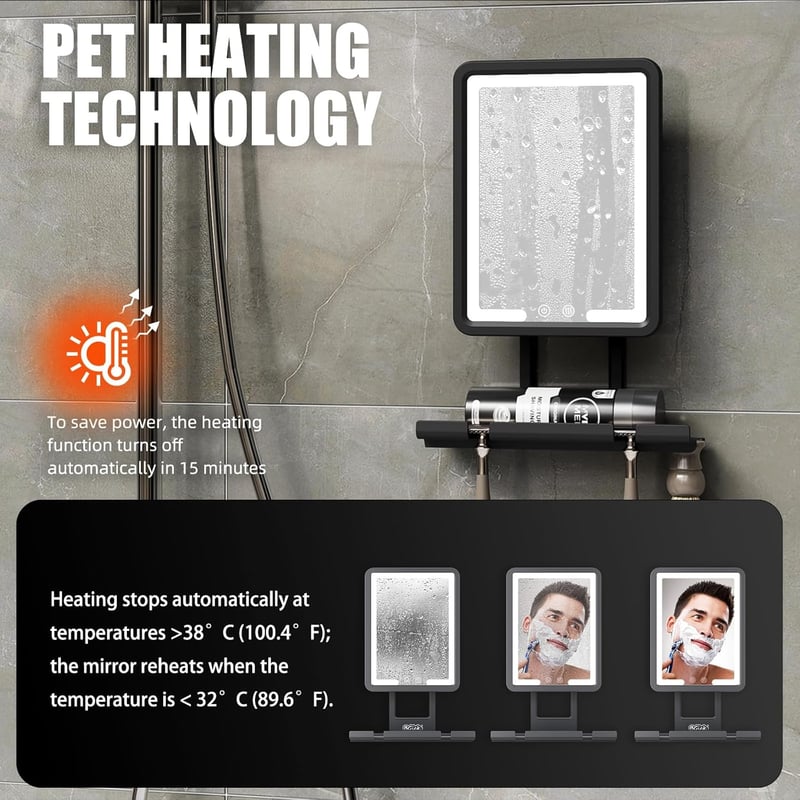 Fogless Rechargeable Shower Mirror with Light & Tray