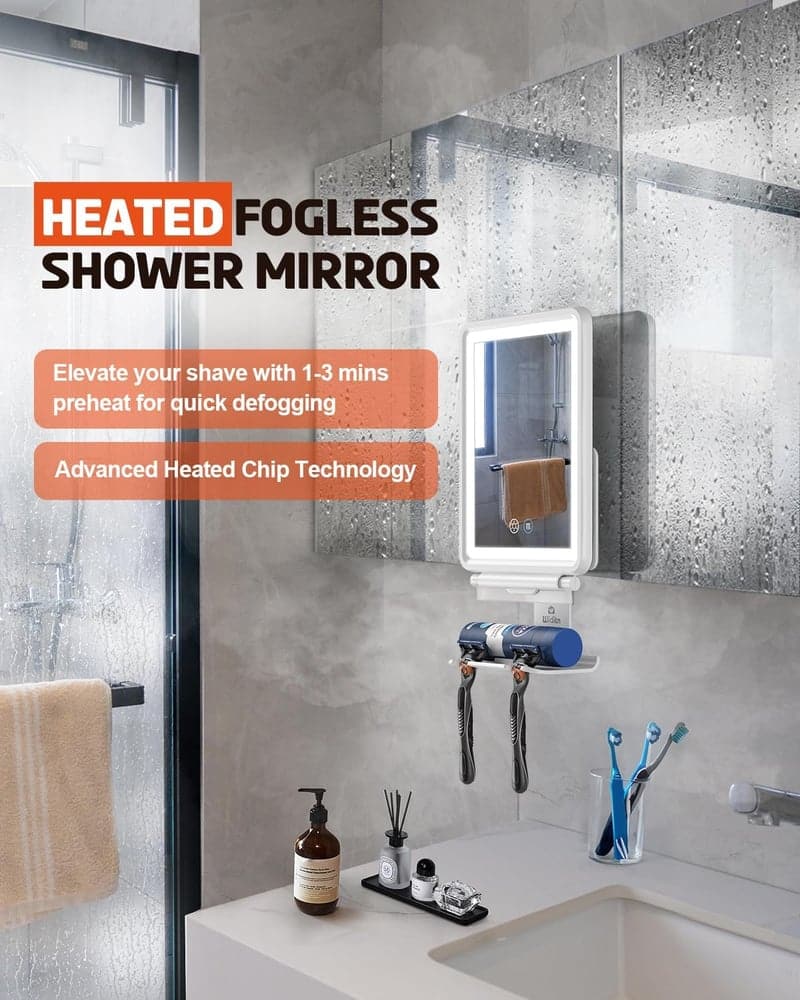 Fogless Heated Shower Mirror with Shaving Setup