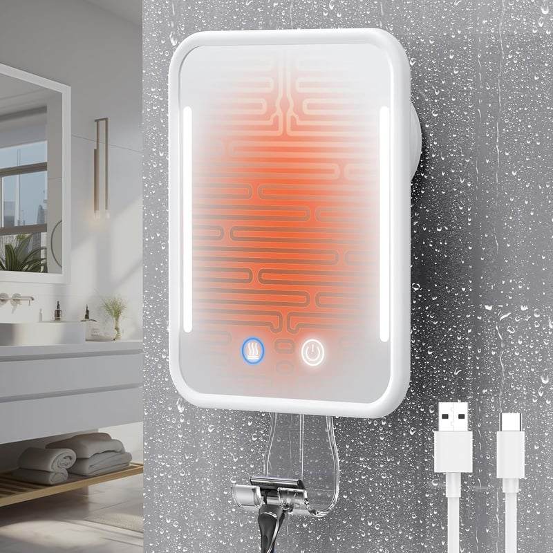 Fogless Heated Shower Mirror with Light & Razor Holder
