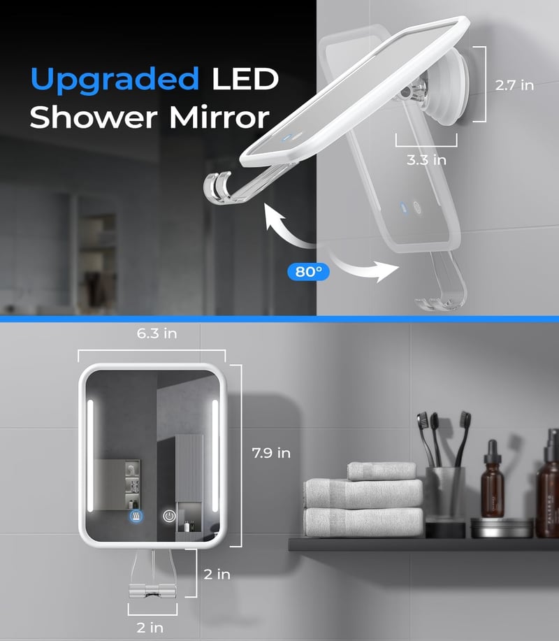 Fogless Heated Shower Mirror with Light & Razor Holder