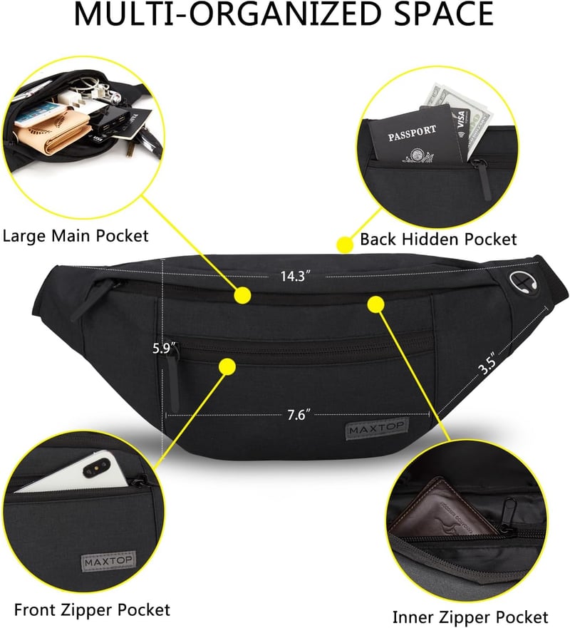 Sports Crossbody Fanny Pack with 4 Zipper Pockets, Hands-Free Design