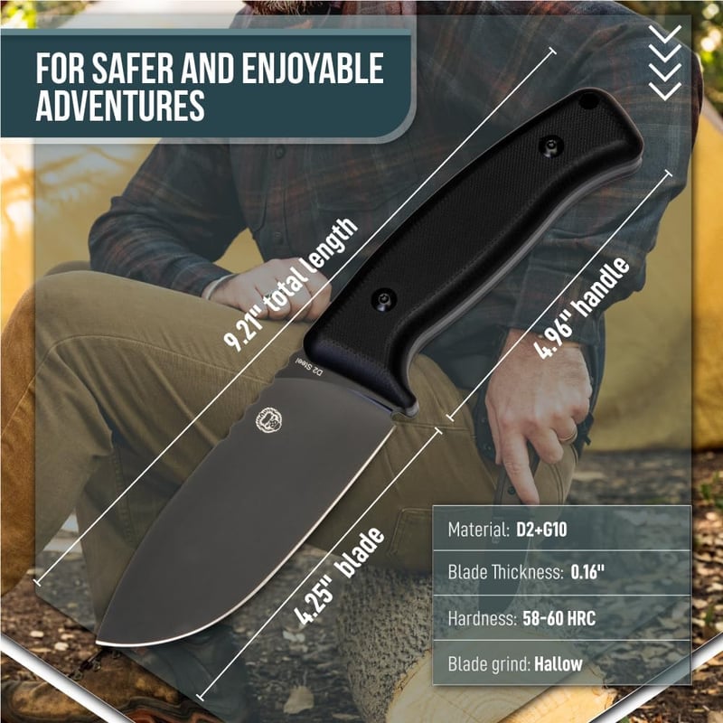 Survival Fixed Blade Knife with Black Kydex Sheath