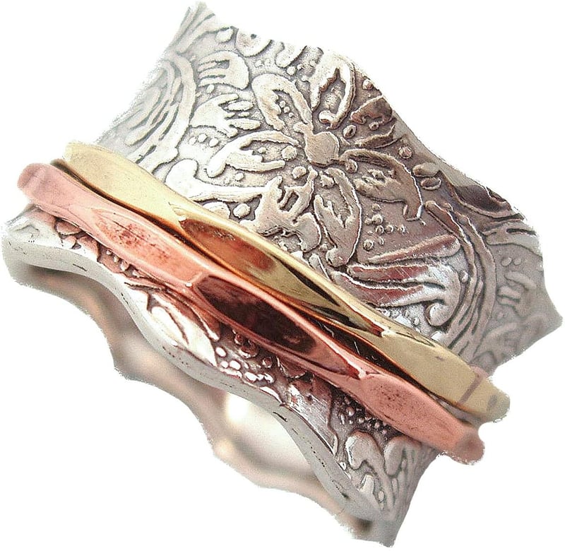 925 Sterling Silver Spinner Ring with Floral Pattern, Adjustable Size