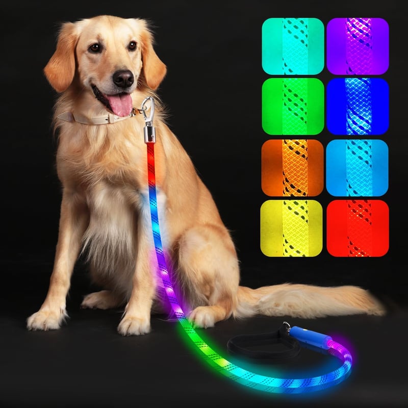 LED Dog Leash for Night Walks, Rechargeable, 13 Light Modes, 4 Ft