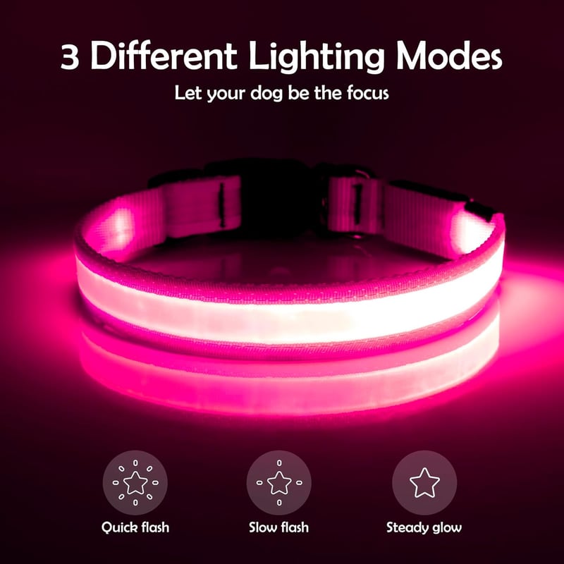 USB Rechargeable LED Dog Collar – Adjustable, Pink (Medium)