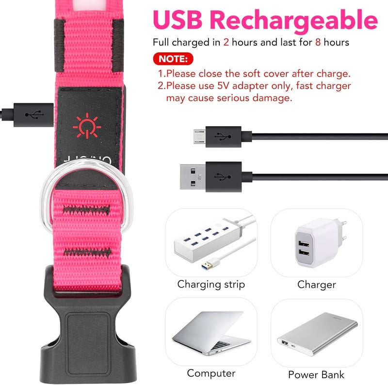 USB Rechargeable LED Dog Collar – Adjustable, Pink (Medium)