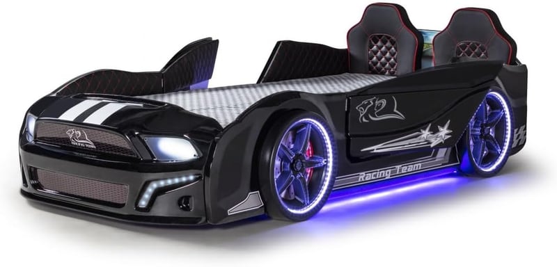 Twin Race Car Bed with LED Lights, Black Design & Light-Up Wheels