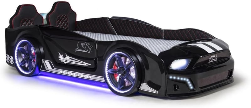 Twin Race Car Bed with LED Lights, Black Design & Light-Up Wheels