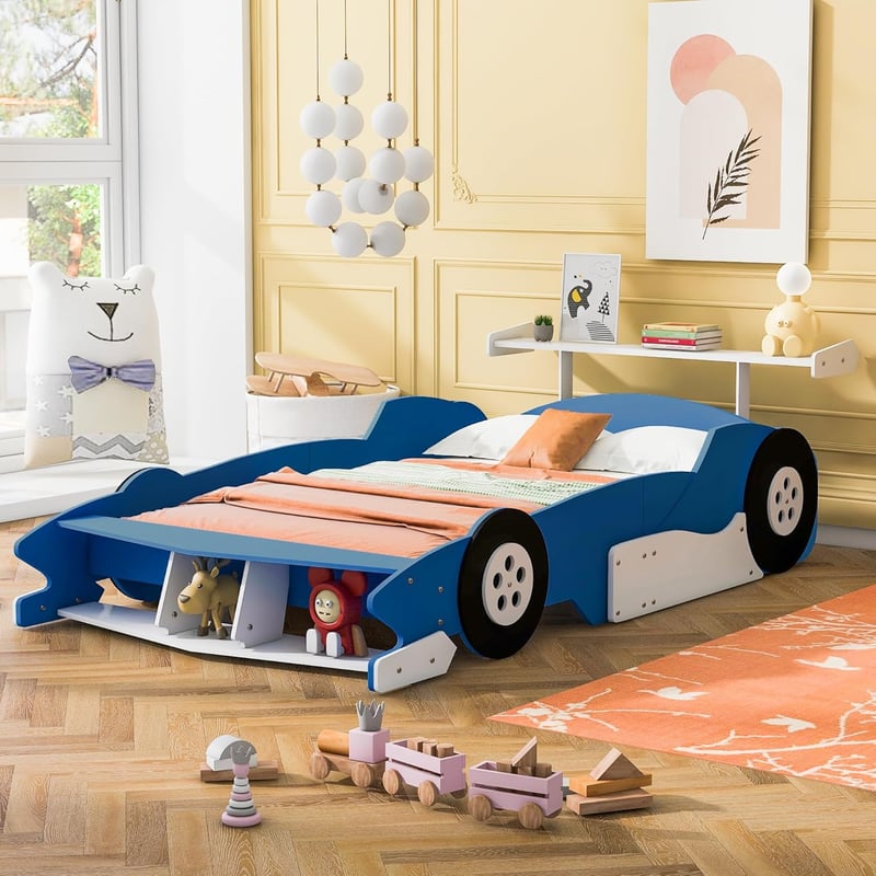 Race Car Bed Frame for Boys, Full Size Wood Design, Blue