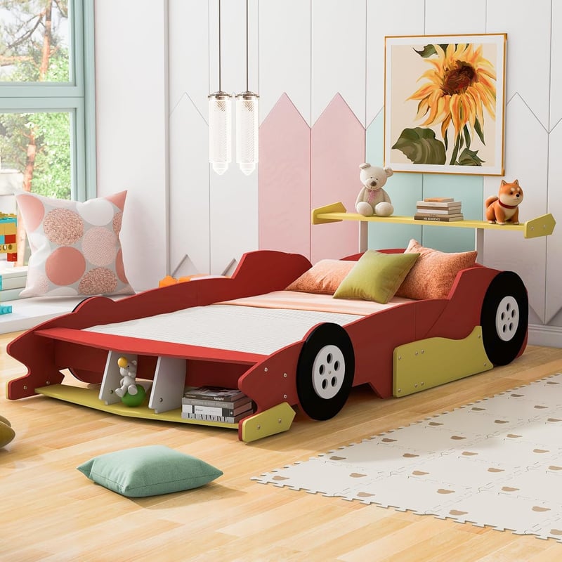 Full-Size Red Race Car Bed with Storage for Kids