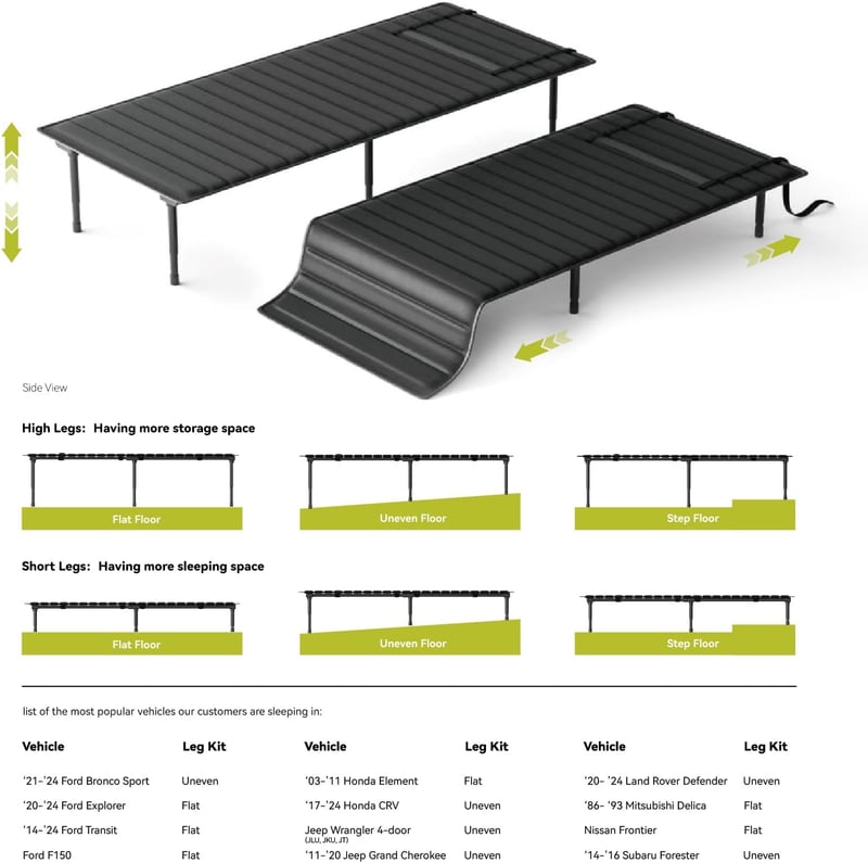 Camping Folding Car Bed – Adjustable Length, 400lb Max, Black