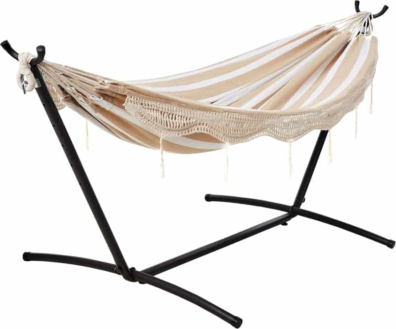 Double Hammock with Steel Stand, Beige Lace Stripe, 450 lb Capacity