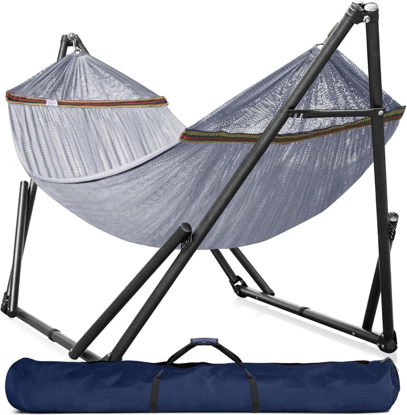 Portable Double Hammock with Stand, 600 lbs Capacity, Grey