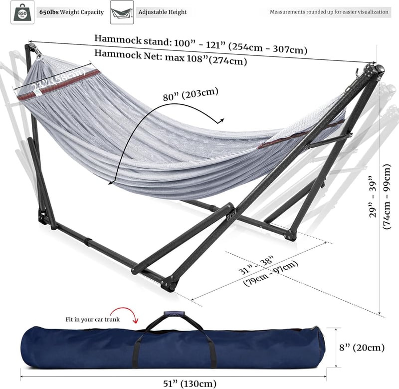 Portable Double Hammock with Stand, 600 lbs Capacity, Grey