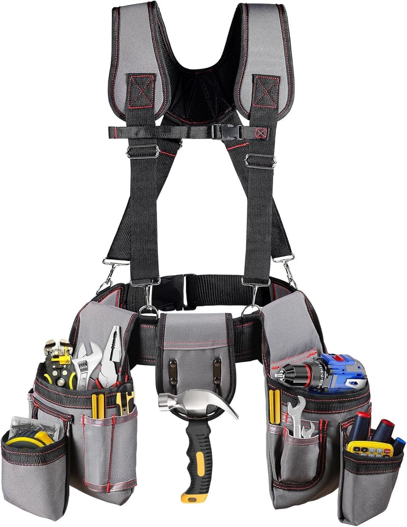 Heavy Duty Tool Belt with Suspenders, Gray, 22 Pockets