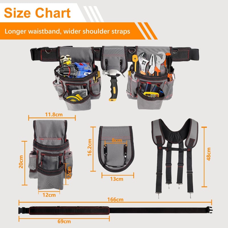 Heavy Duty Tool Belt with Suspenders, Gray, 22 Pockets