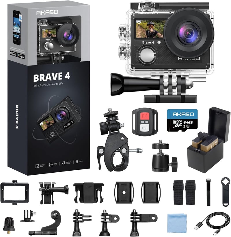 4K Action Camera Bundle with 64GB SD, Waterproof, WiFi, EIS