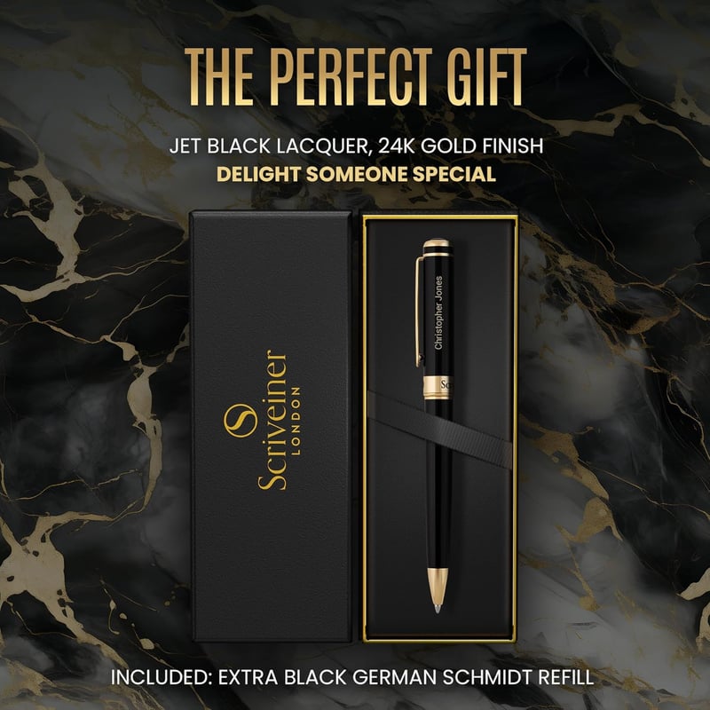 Custom Engraved Black Ballpoint Pen with Gold Plating
