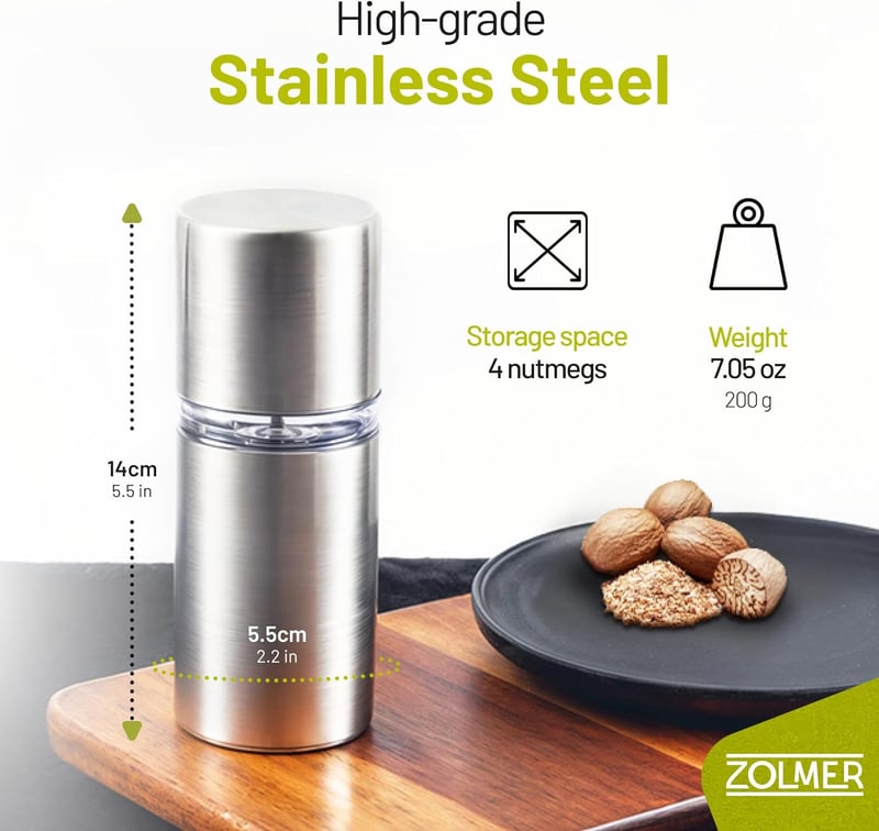 Nutmeg Grinder Mill with Storage, Stainless Steel