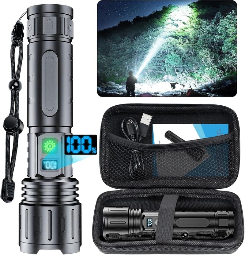 Rechargeable 20000 Lumen LED Flashlight, Zoomable, IPX5 Waterproof