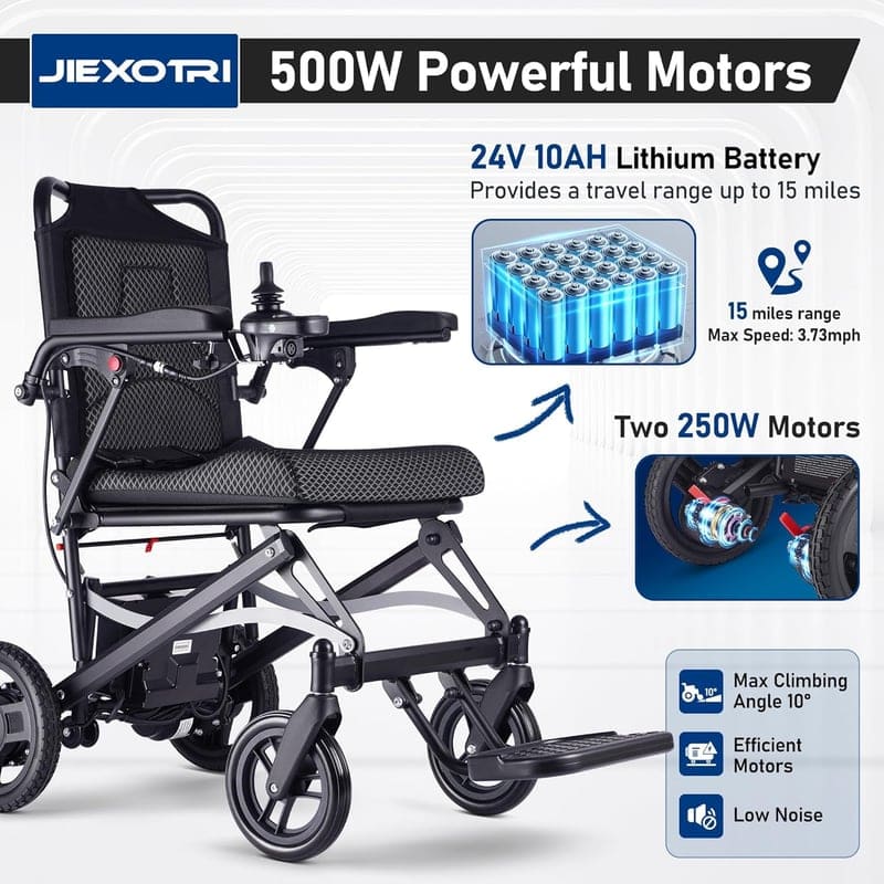 Lightweight Foldable Electric Wheelchair, 500W, All-Terrain, Black