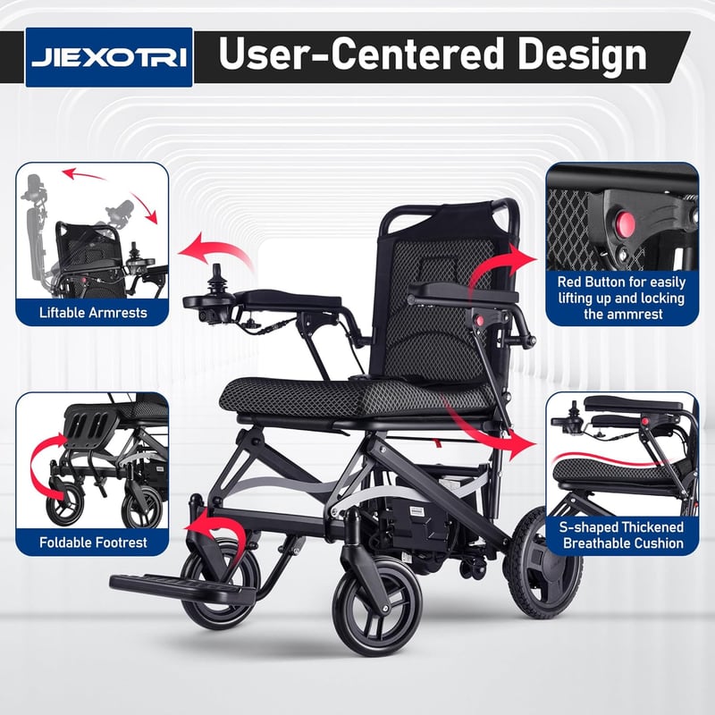 Lightweight Foldable Electric Wheelchair, 500W, All-Terrain, Black