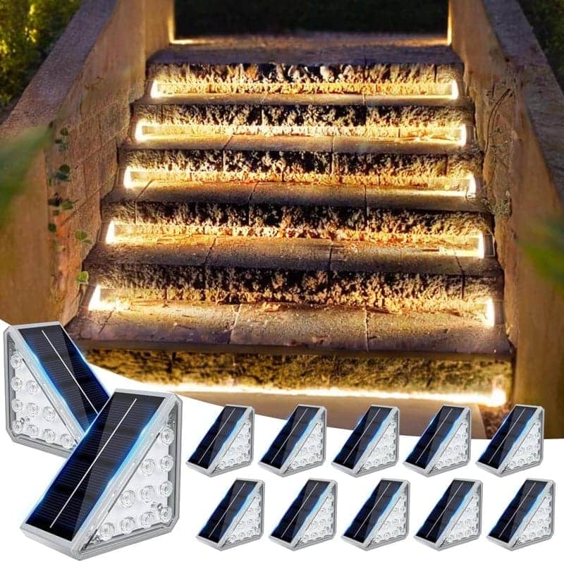Solar Stair Lights, IP67 Waterproof, Warm LEDs, 12 Pack