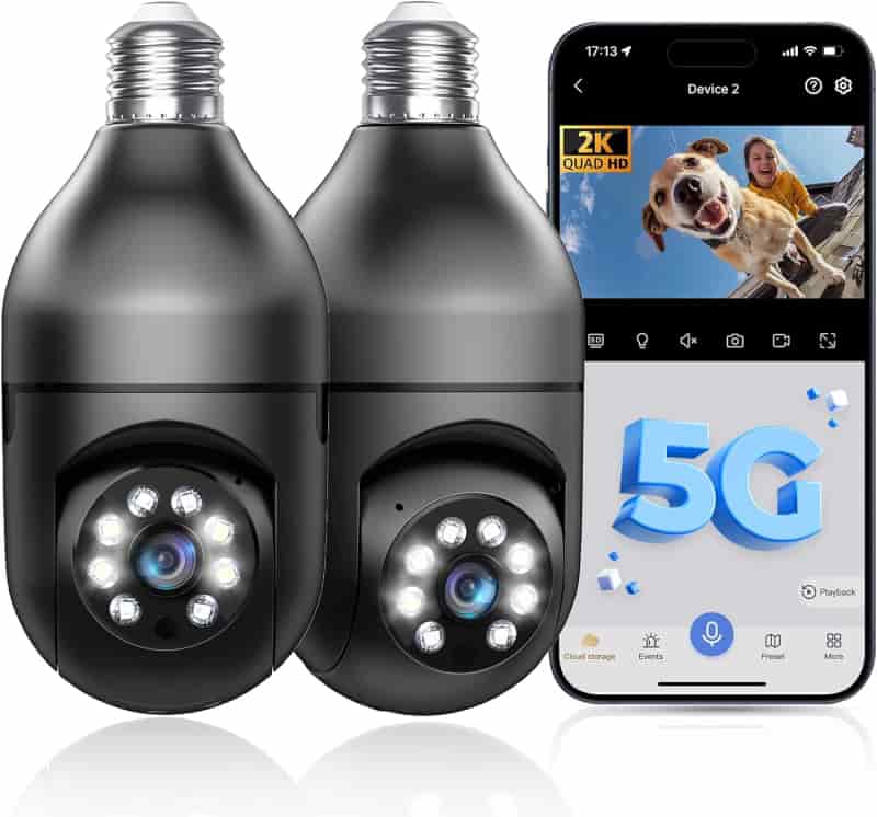 5G WiFi Light Bulb Security Camera, 2K 360° Motion Detection with Night Vision