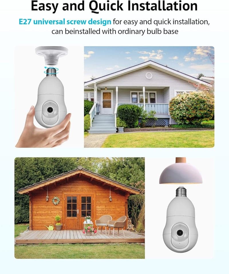4MP 360° WiFi Bulb Security Camera, Indoor/Outdoor, Alexa-Compatible