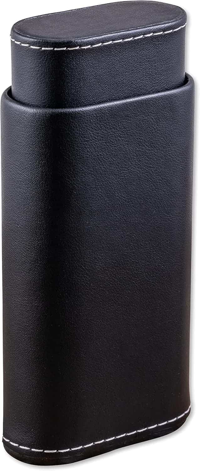 Black Leather 3-Cigar Case with White Stitching