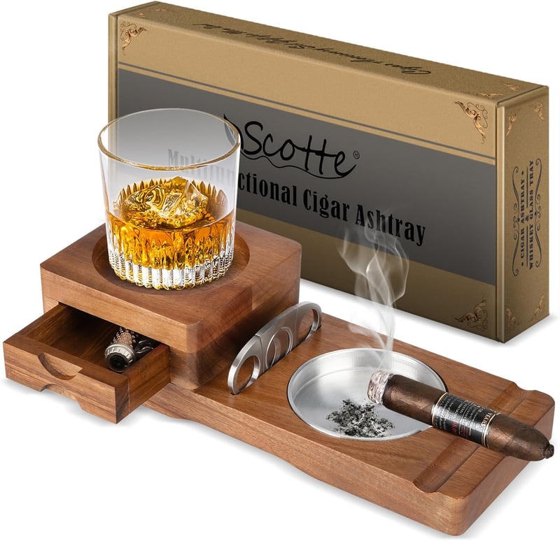 Cigar Ashtray Set with Cutter, Drawer & Slot for Men