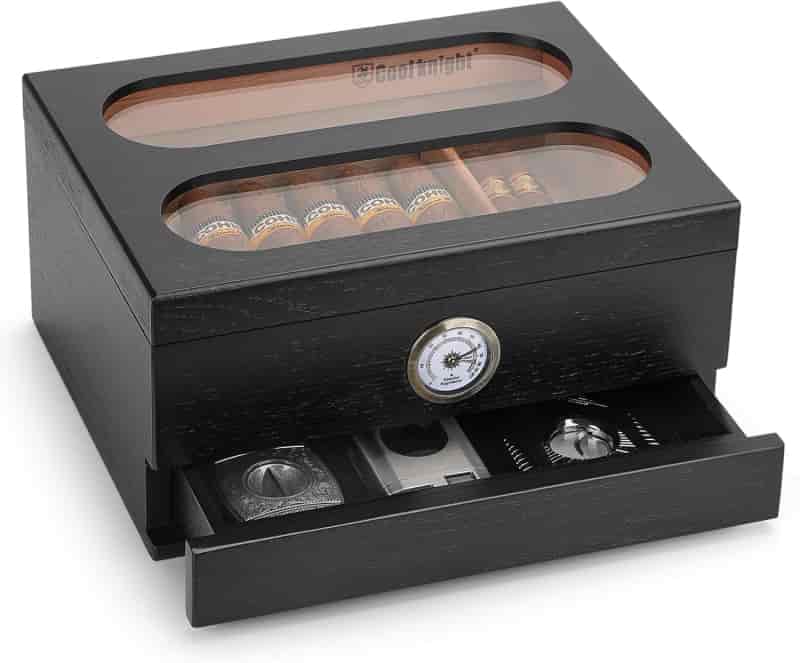 Cigar Humidor with Hygrometer & Cedar, Holds 20-35 Cigars, Black