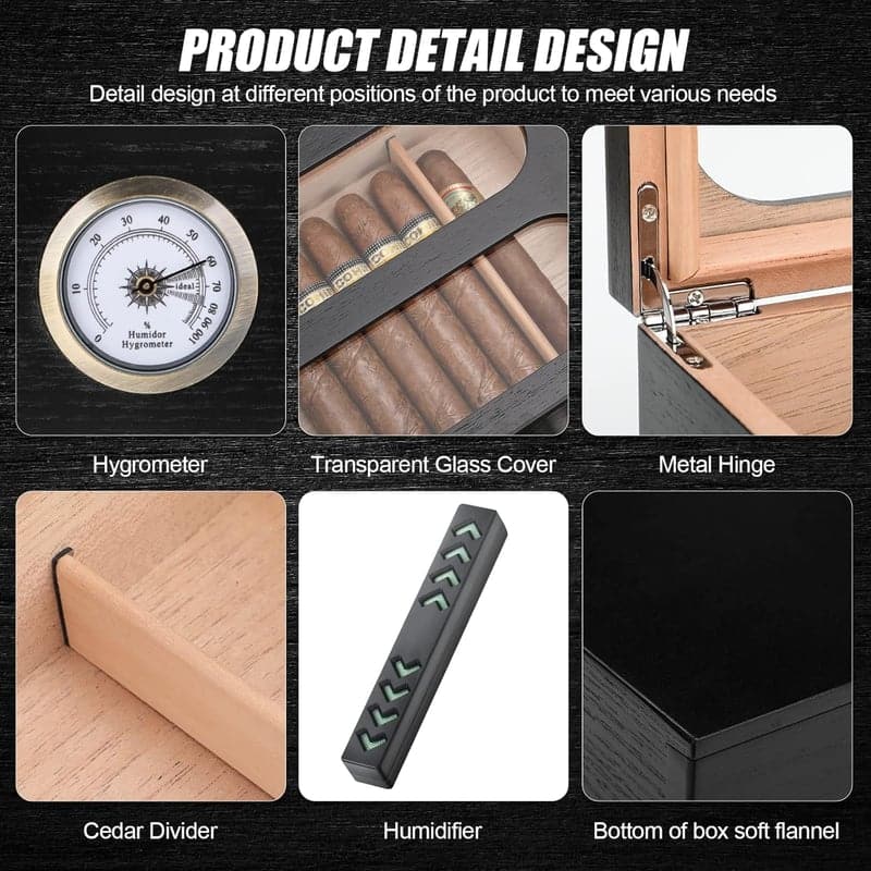 Cigar Humidor with Hygrometer & Cedar, Holds 20-35 Cigars, Black