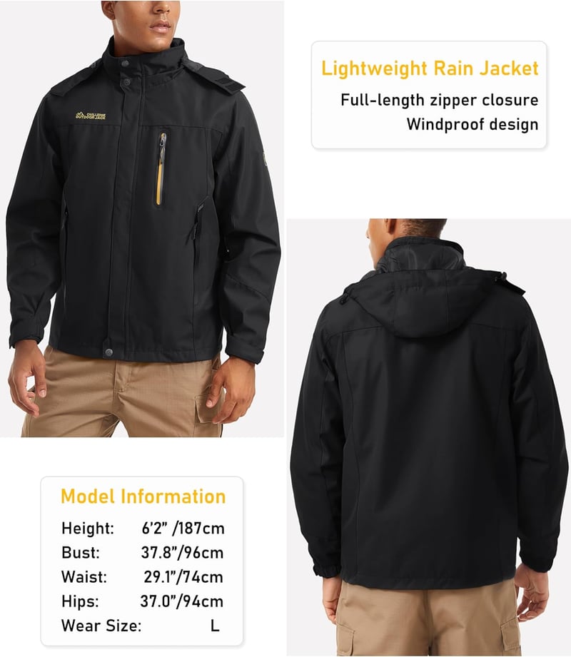 Men's Hooded Windproof Rain Jacket with 5 Pockets