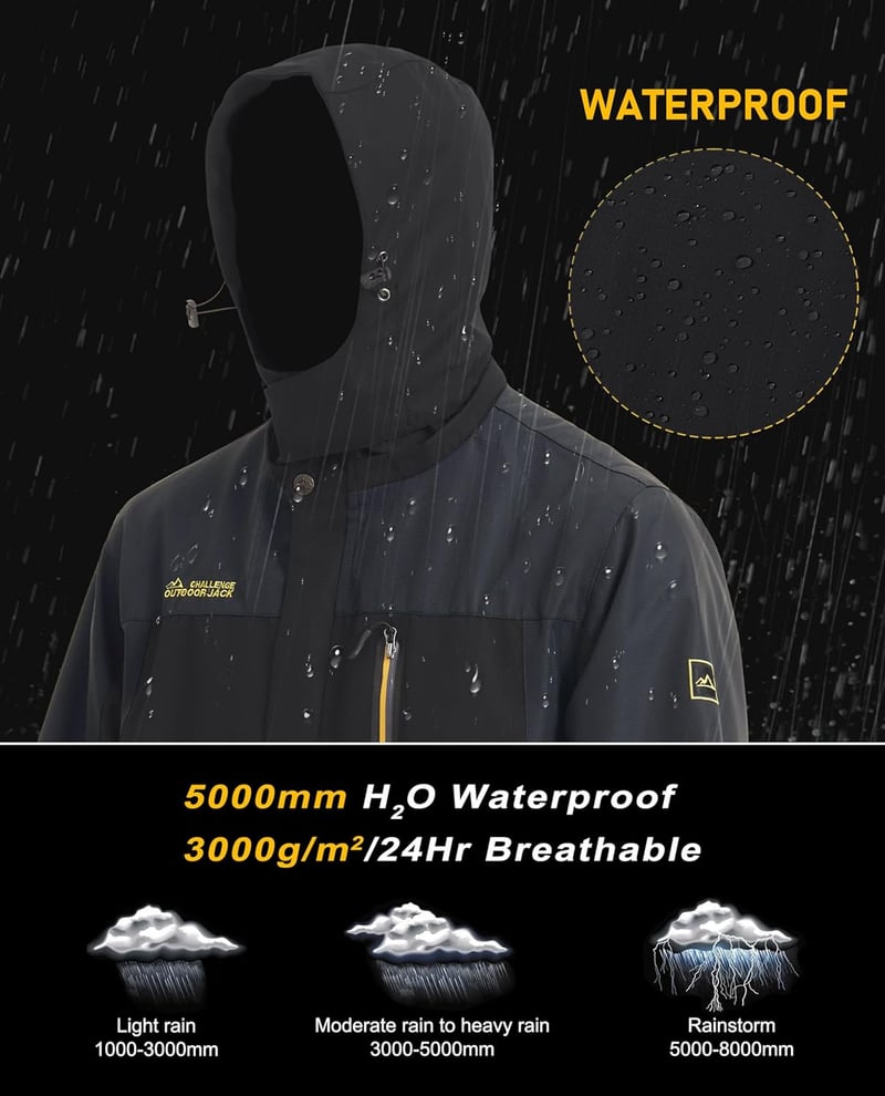 Men's Hooded Windproof Rain Jacket with 5 Pockets