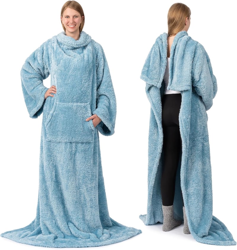Wearable Sherpa Fleece Blanket with Sleeves for Adults