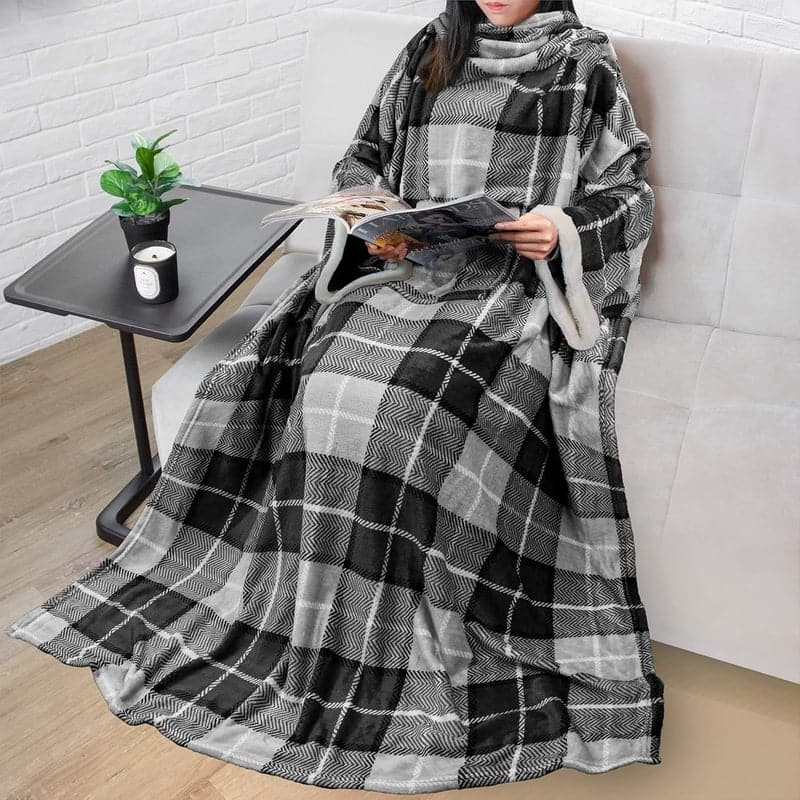 Wearable Fleece Blanket with Sleeves, Plaid Gray